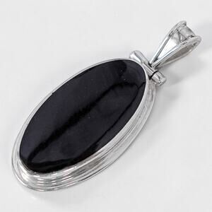 Sterling Silver 925 Mexico Large Oval Black Obsidian Vintage Pendant Design